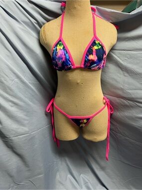 Neon Tie-Dye Triangle String Bikini with Pink Trim & Tie Sides
